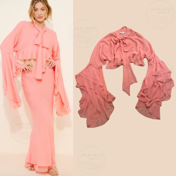 For Love & Lemons Joana Crop Top Coral | Ruffle Bell Sleeve Tie Neck, S, $229 - Picture 3 of 12
